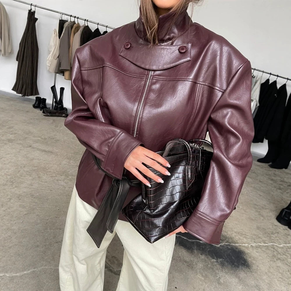 Women's Boxy Faux Leather Jacket with High Stand Collar, Front Zip and Waist Belt Mune Fashion