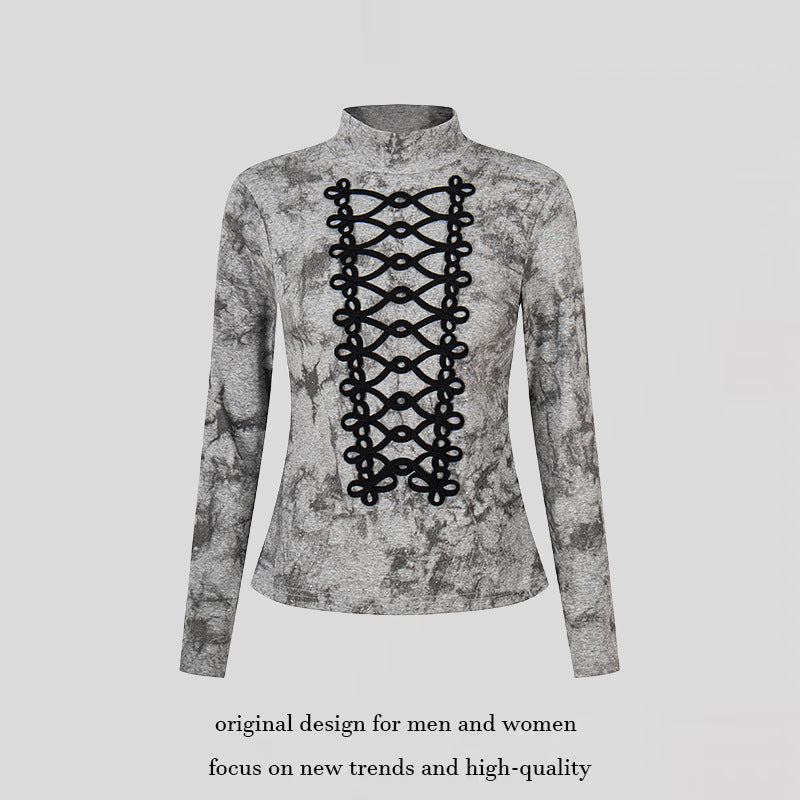 Women's long sleeve shirt with stand-up collar and decorative cord appliqué Mune Fashion
