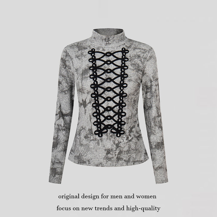 Women's long sleeve shirt with stand-up collar and decorative cord appliqué Mune Fashion