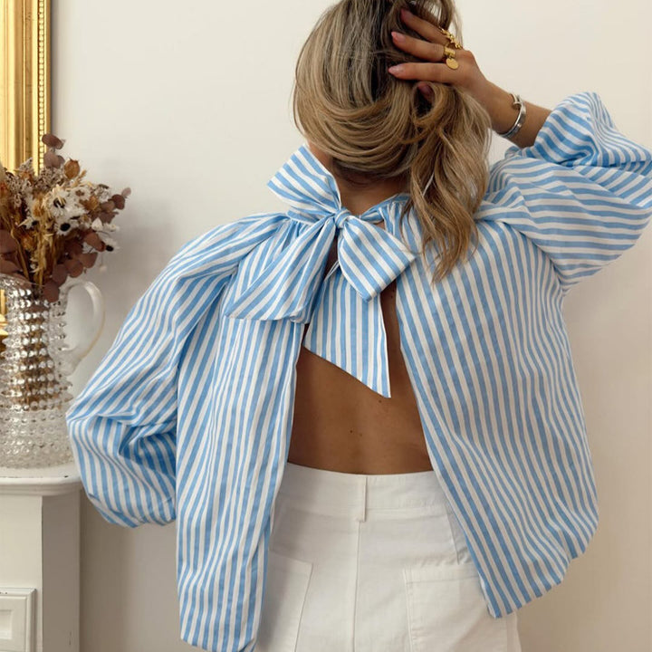 Women Backless Striped Blouse Top with Bow Collar Mune Fashion