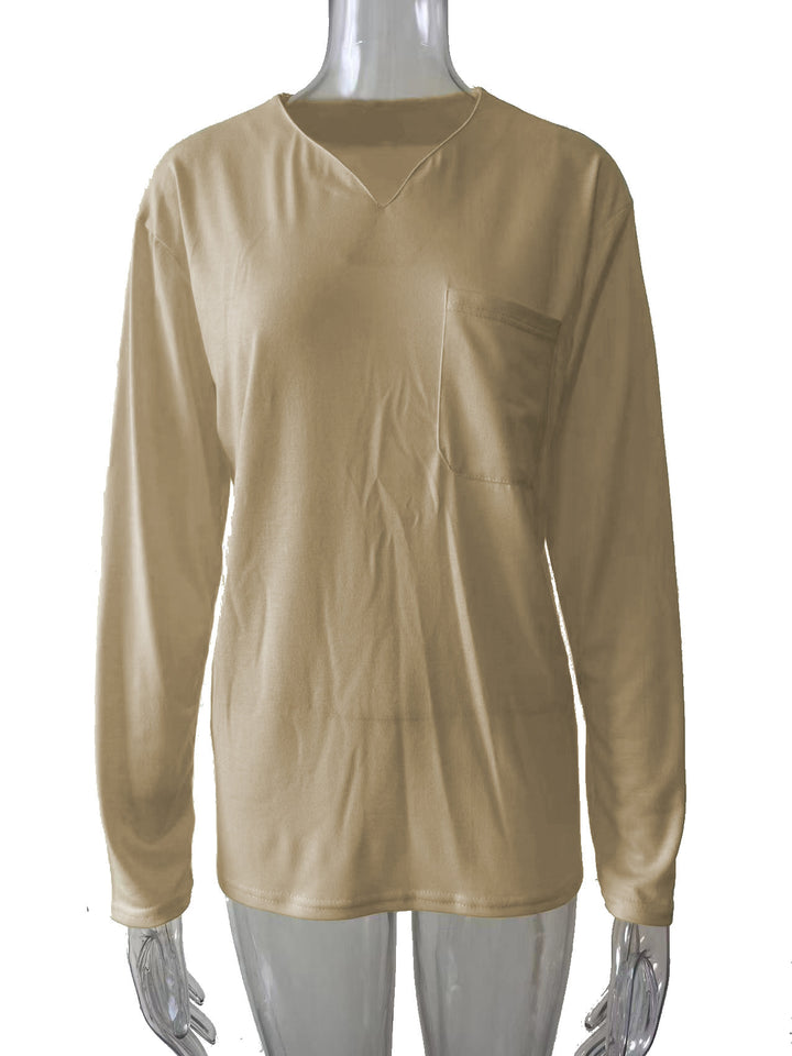 Women nan legeres Long-sleeve shirt with V-notch neckline, chest pocket, and relaxed oversized fit Mune Fashion