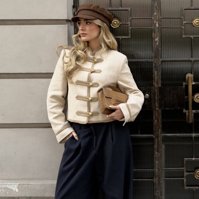 Women Short Military Inspired Jacket with Stand Collar and Decorative Button Placket Mune Fashion
