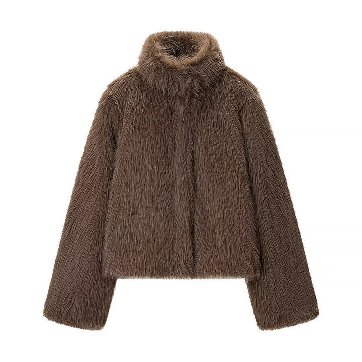 Women's Short Faux Fur Jacket with High Stand Collar and Oversized Silhouette Mune Fashion