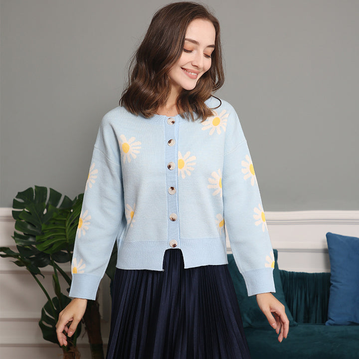 Women's Oversize Knit Cardigan with Flower Appliqué, Mother-of-Pearl Buttons and Wave Hem Mune Fashion