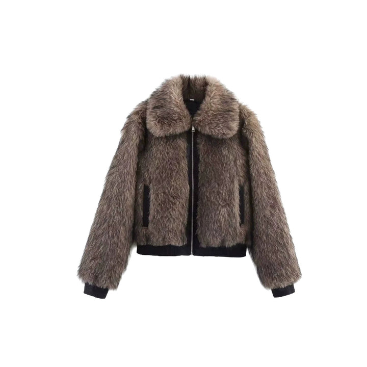 Women's Short Faux Fur Bomber Jacket with Voluminous Shawl Collar and Zipper Mune Fashion