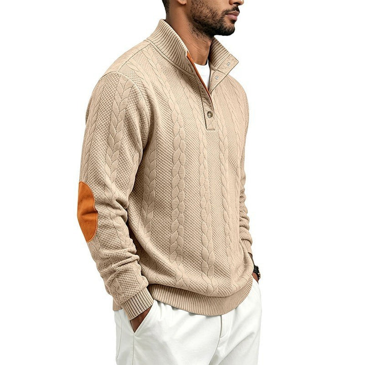 Men's Noble Cable Knit Sweater with Short Button Placket and Elbow Patches Mune Fashion