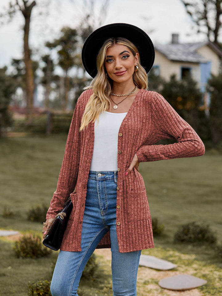 Women Long Cut Ribbed Knit Cardigan with Button Placket and Pocket Mune Fashion