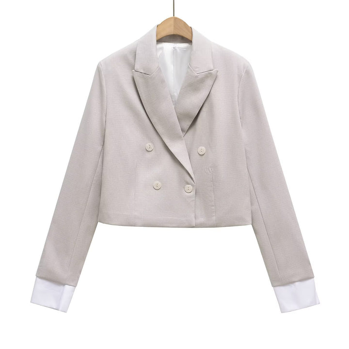 Women Cropped Double-Breasted Blazer with Lapel Collar Mune Fashion