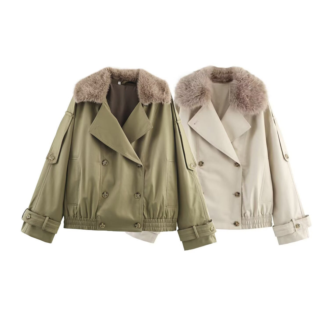 Women's short jacket in blouson trench style with detachable faux fur collar Mune Fashion