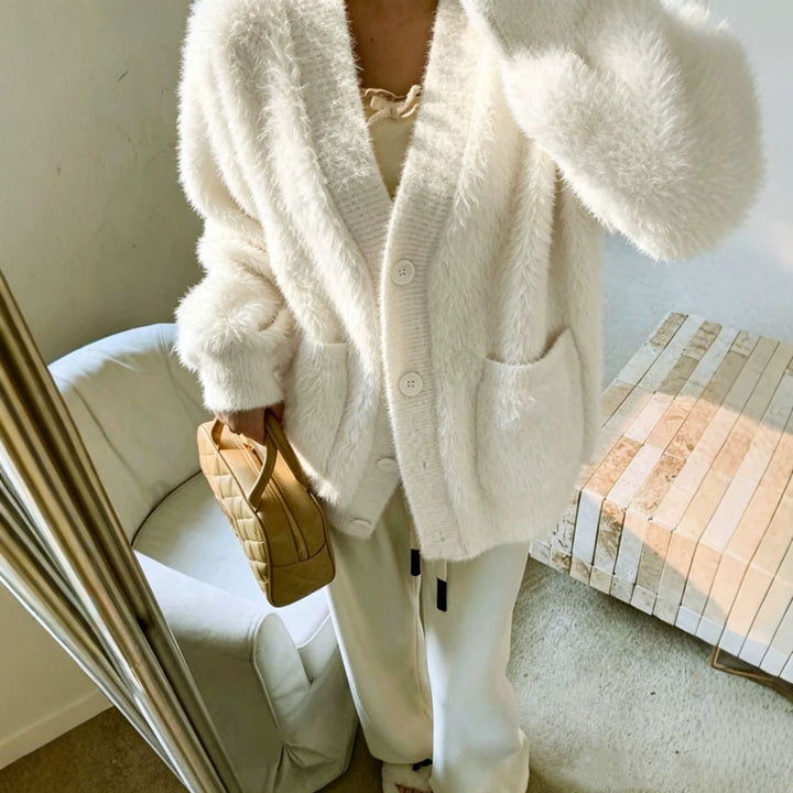 Women's Fluffy Cardigan with Deep V-Neck, Ribbed Button Placket and Patch Pockets Mune Fashion