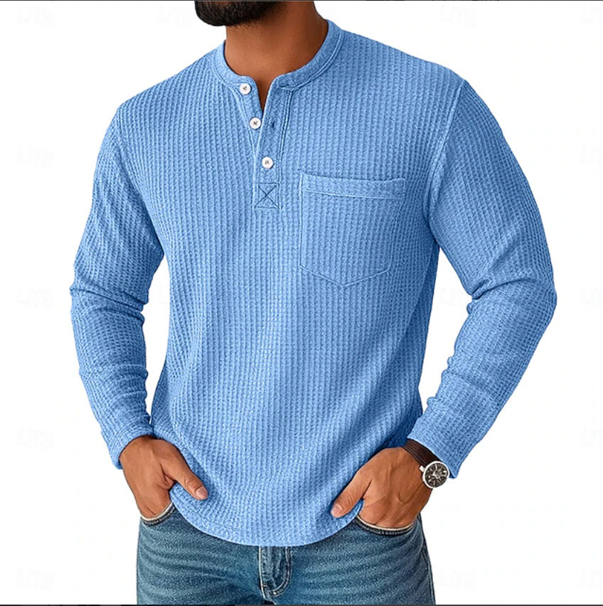Men's long sleeve Henley with waffle structure and chest pocket thermal long sleeve shirt Mune Fashion