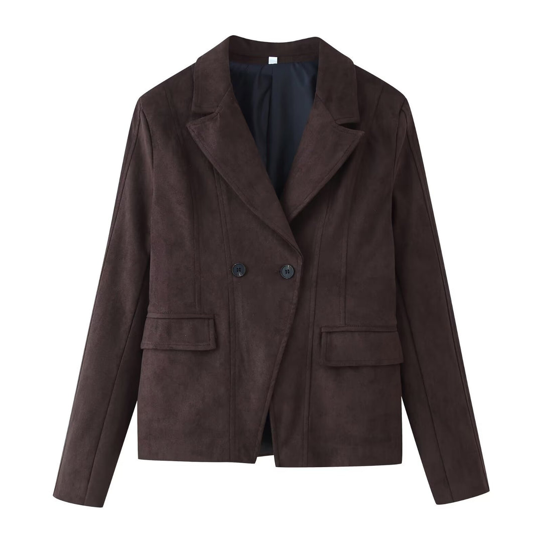 Women Tailored Velvet Imitation Blazer with Double Breasted and Patch Pockets Mune Fashion
