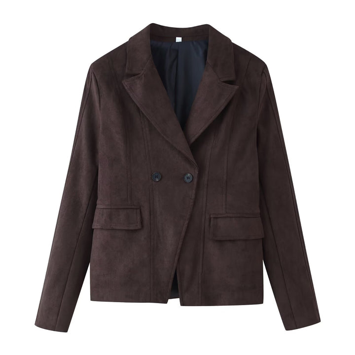 Women Tailored Velvet Imitation Blazer with Double Breasted and Patch Pockets Mune Fashion