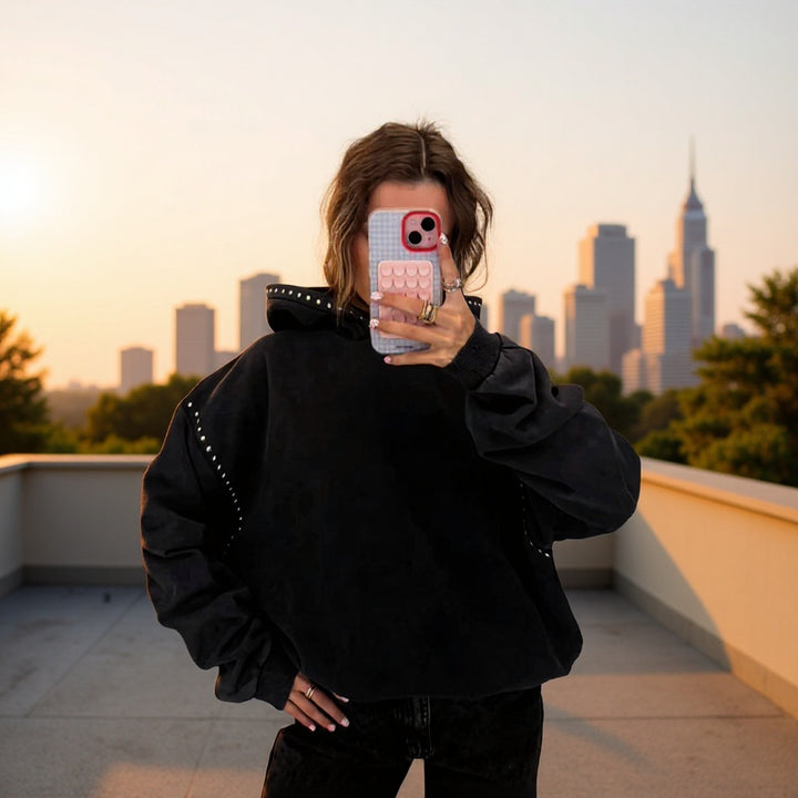 Women's Oversized Hooded Sweater with Studded Trim and Balloon Sleeves Mune Fashion