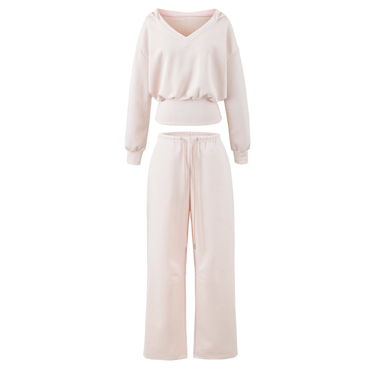 Women's Comfort Lounge Set with Short V Hooded Sweatshirt and High-Cut Wide-Leg Joggers Mune Fashion