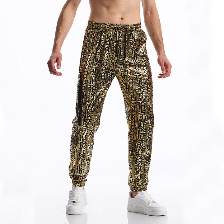 Men's Tapered Jogging Pants with Elastic Waistband, Drawstring and Metallic Circle Print Mune Fashion
