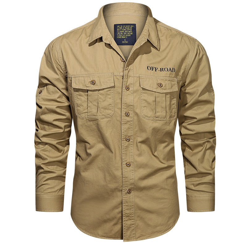 Men's robust utility shirt with patch chest pockets and sleeve tabs