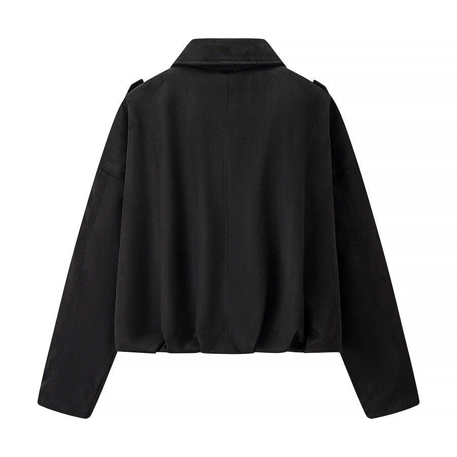 Women's cropped boxy blouse jacket with shirt collar, concealed front placket, and elastic hem Mune Fashion