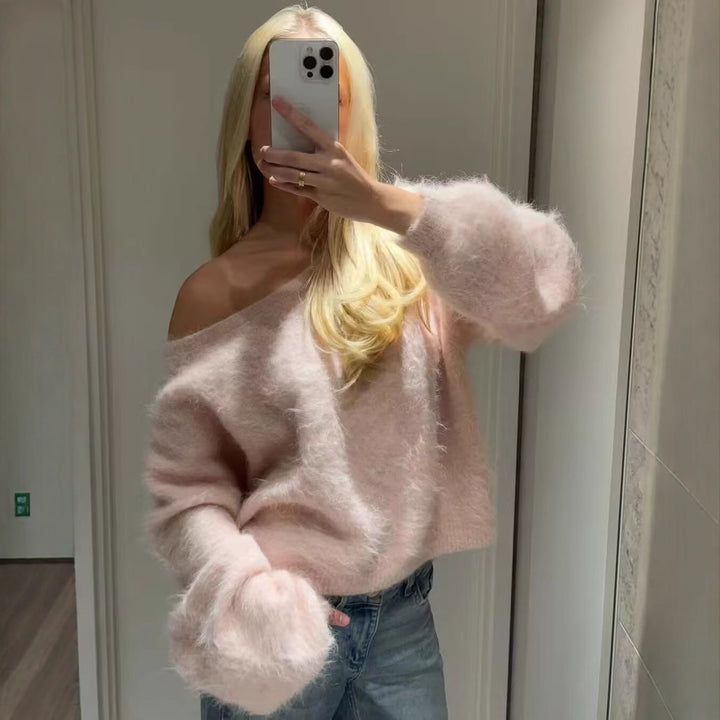 Women's Oversized Knit Sweater with Wide Boat Neck, Raglan Sleeves, and Soft Fluffy Look Mune Fashion