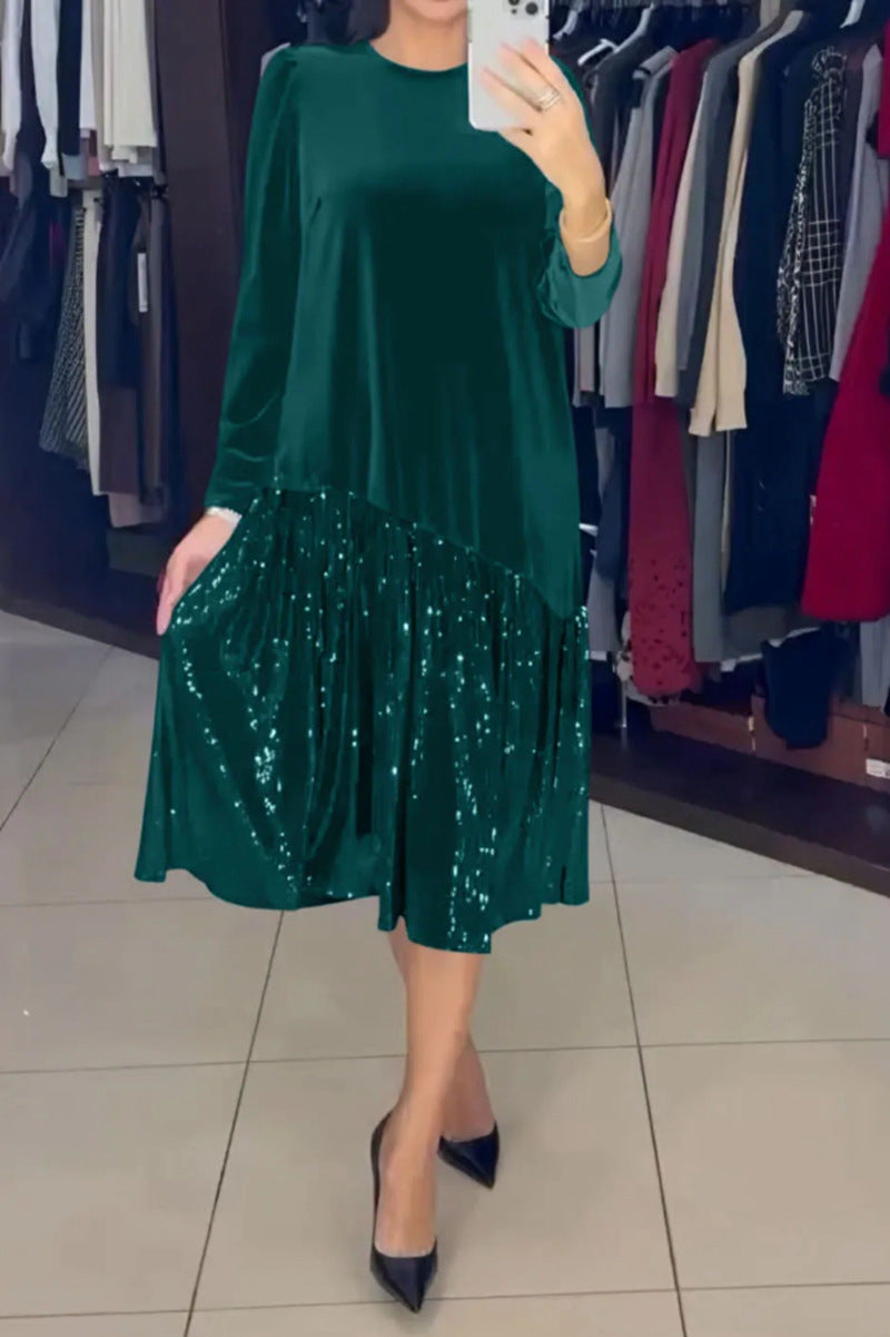 Women's Velvet Midi Dress with Pleated Sequin Skirt, Loose A-Line Cut and Round Neckline Mune Fashion