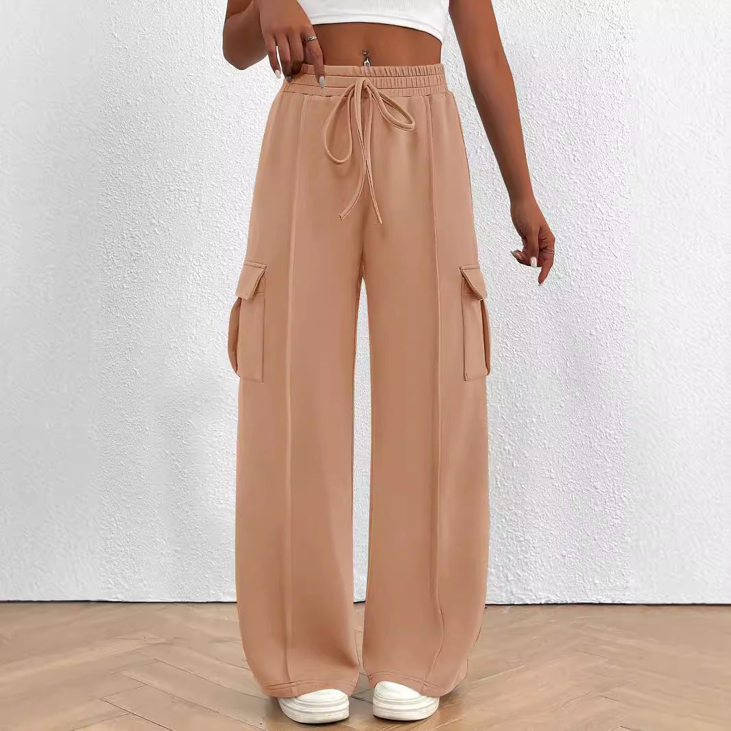 Women Wide Cargo Lounge Pants with Drawstring Waist and Flap Pockets Mune Fashion
