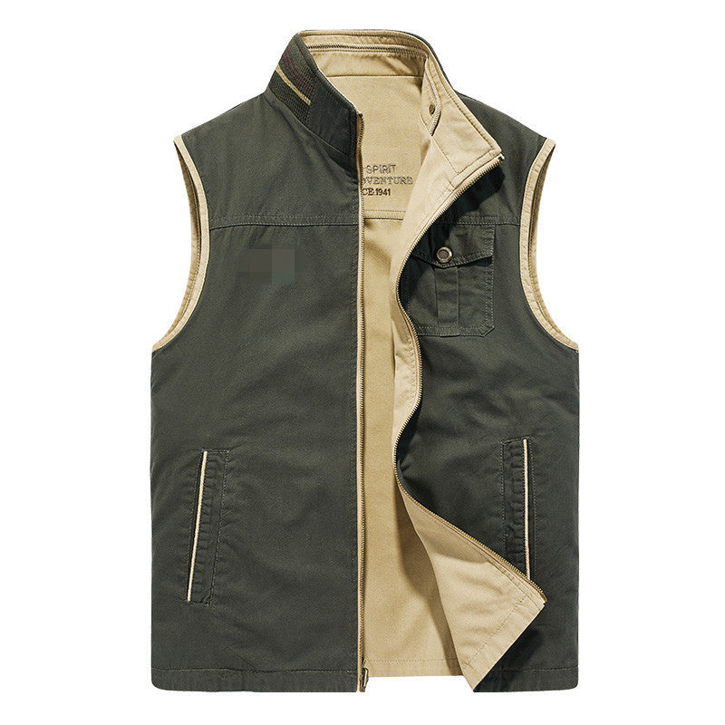 Men's Canvas Utility Vest with Stand Collar, Full-Length Zipper, and Multifunctional Outer Pockets Mune Fashion