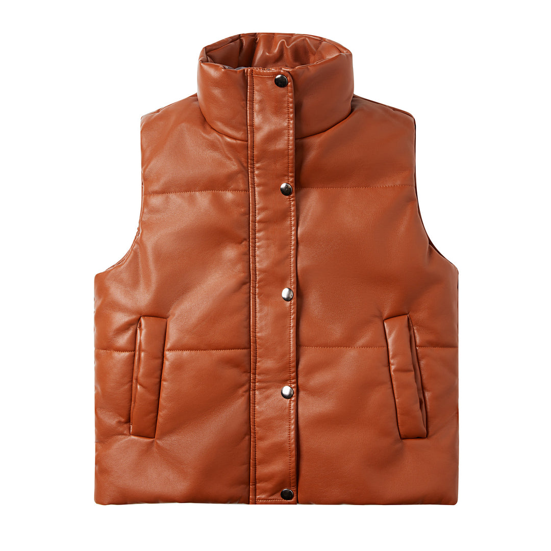 Women's quilted faux leather vest with high standing collar and concealed snap button placket Mune Fashion