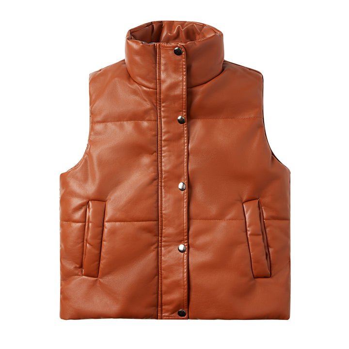 Women's quilted faux leather vest with high standing collar and concealed snap button placket Mune Fashion