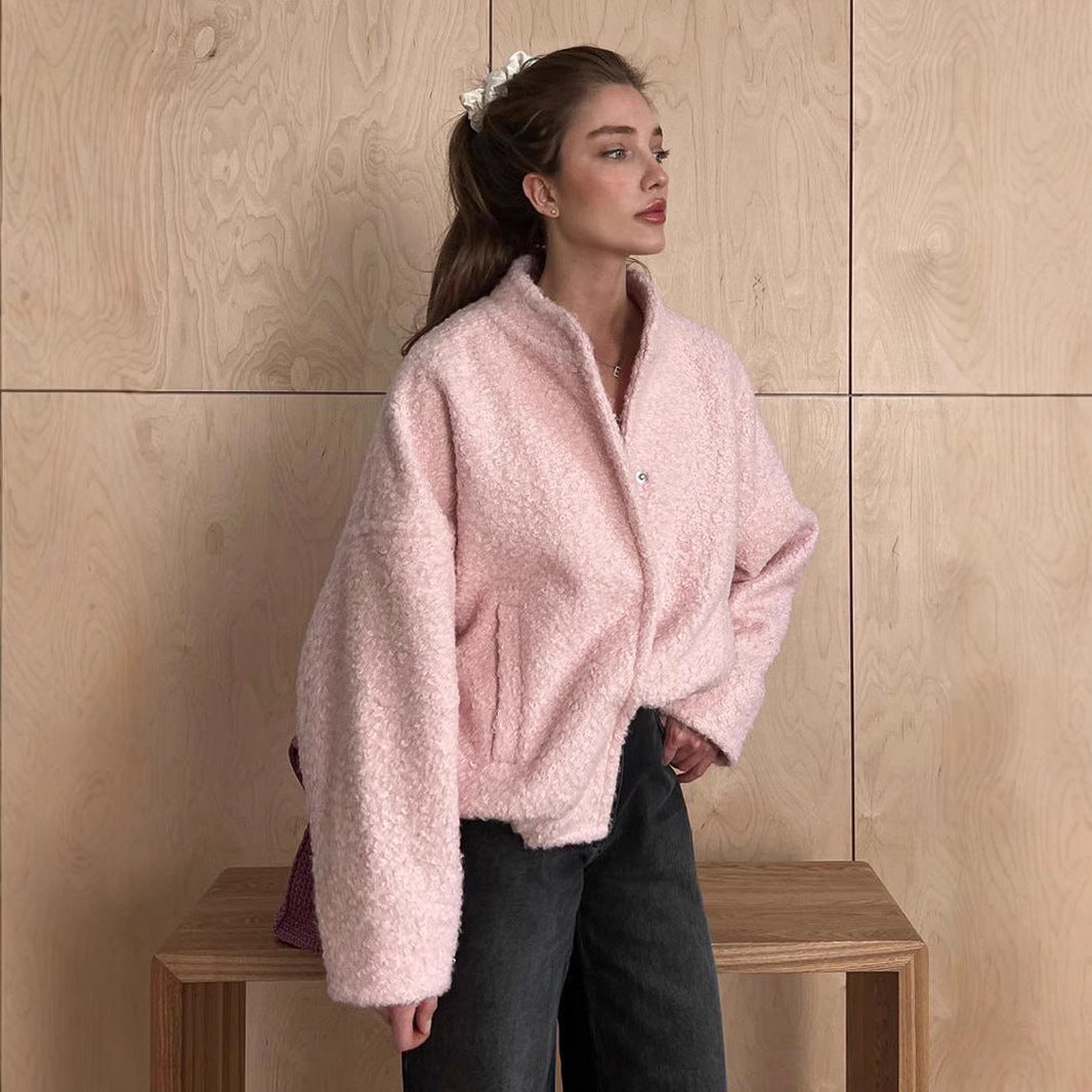 Women's teddy jacket in bouclé look with round neck, oversized fit and insert pockets Mune Fashion