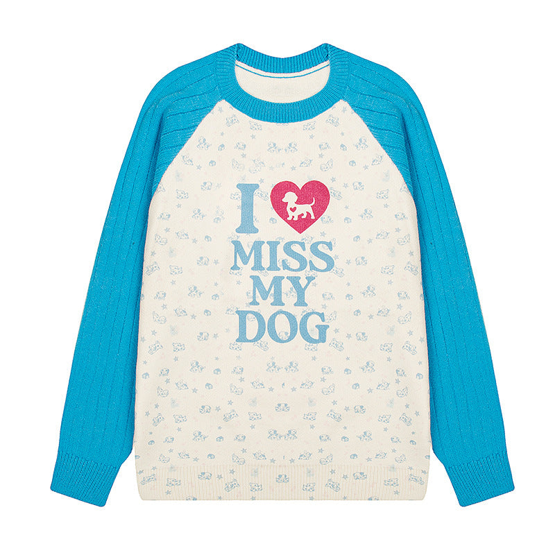 Women's knit sweater with raglan sleeves, allover dog motif and statement print Mune Fashion