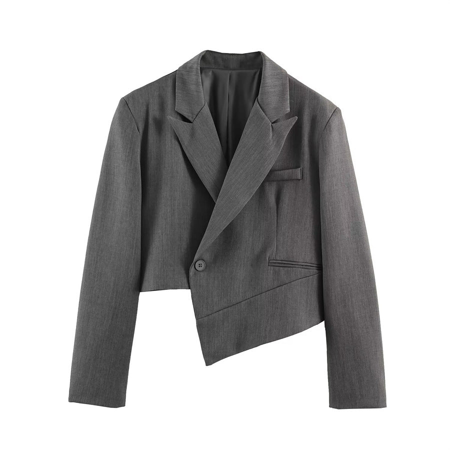 Women Asymmetric Cropped Blazer with Slanted Hemline and Lapel Collar Mune Fashion