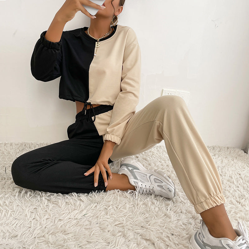 Women's Two-Tone Cropped Jogging Set with Drawstring, Elastic Cuffs, and Boxy Cut Mune Fashion