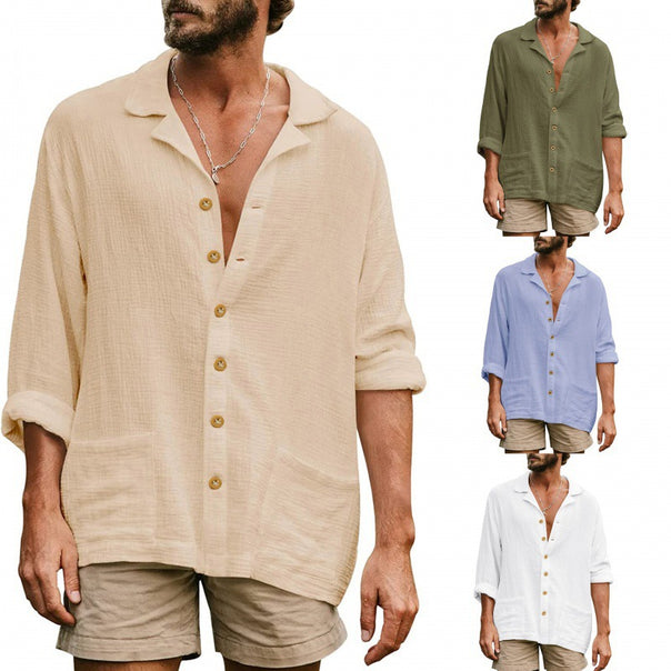 Men's airy cotton gauze shirt with open lapel collar, full button placket, and patch pockets Mune Fashion