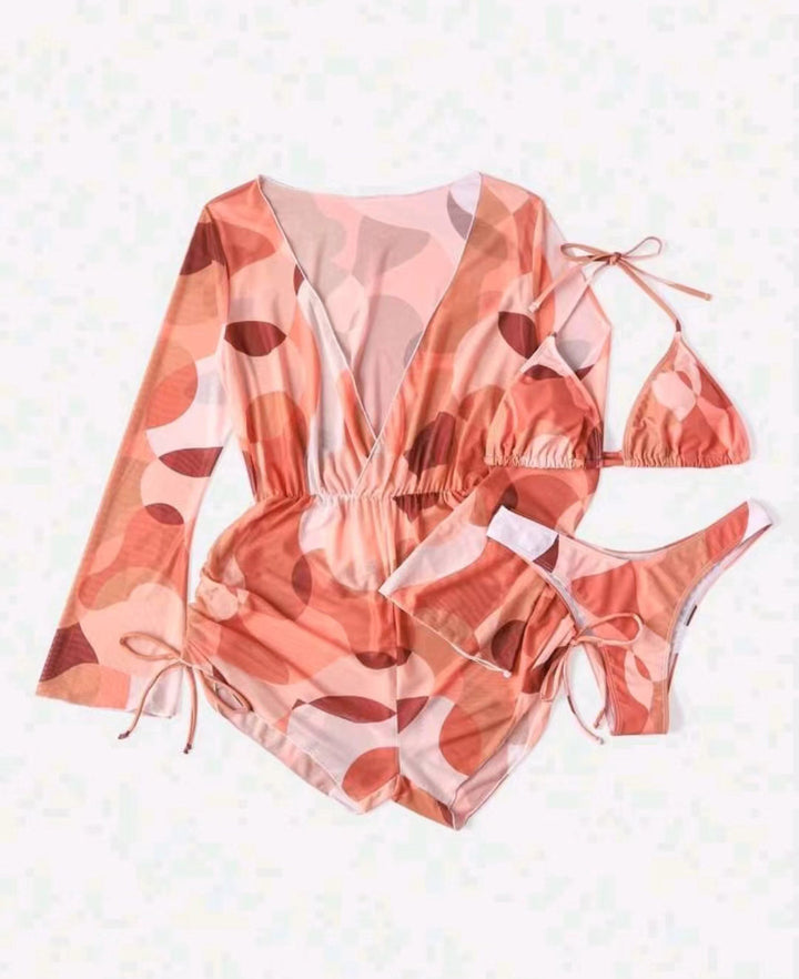 Women Beach Outfit with long-sleeved overlay blouse and bikini Mune Fashion