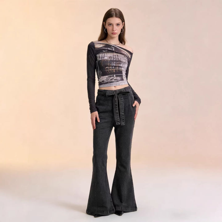 Women's High-Waist Denim Pants with Bow Tie, High Waist and Wide Flare Mune Fashion