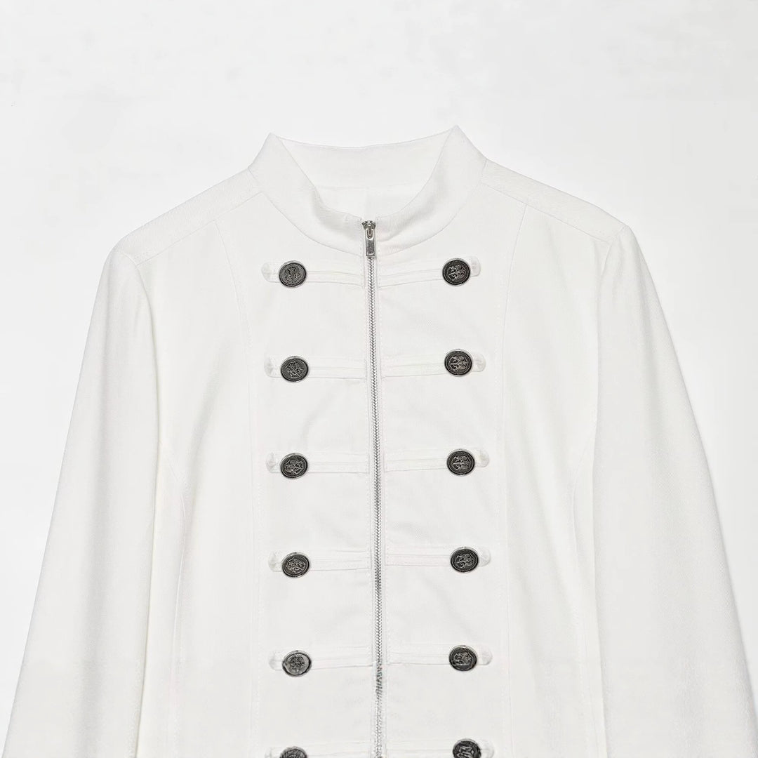 Women Short Military Inspired Jacket with Stand-Up Collar Double-Breasted Buttons and Zipper Mune Fashion