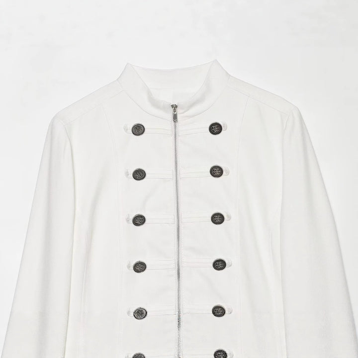Women Short Military Inspired Jacket with Stand-Up Collar Double-Breasted Buttons and Zipper Mune Fashion