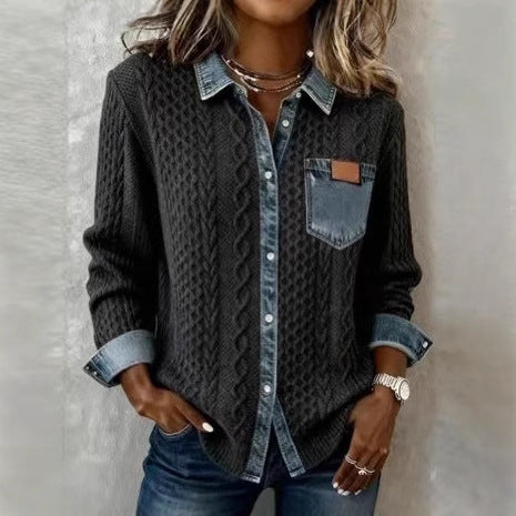 Women’s knit cardigan with denim-look collar, decorative button placket and chest pocket Mune Fashion