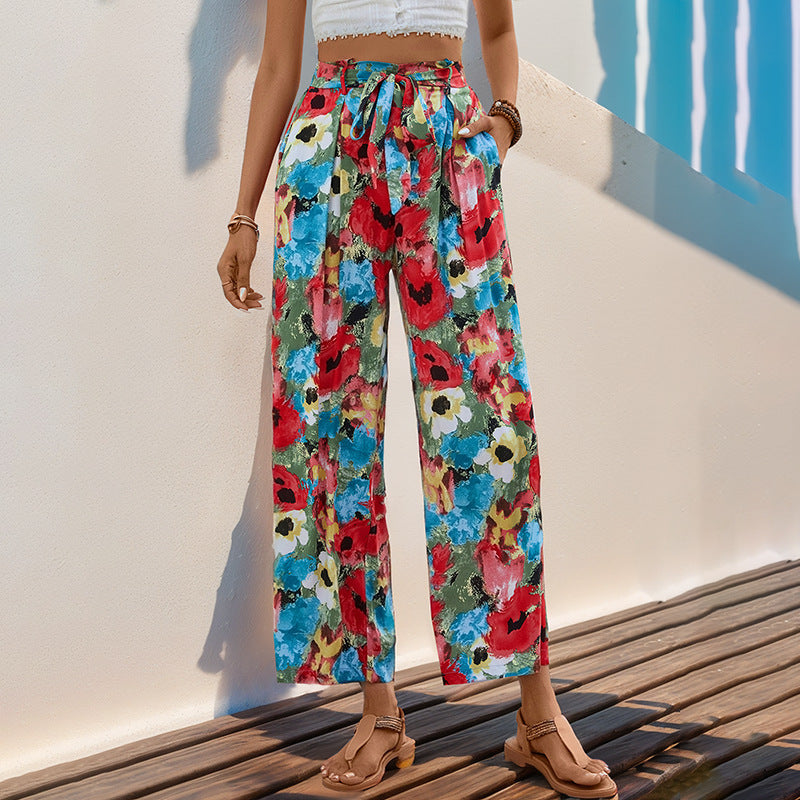 Women's Lightweight High-Waist Marlene Trousers with Floral Watercolor Print, Wide Leg & Tied Belt Mune Fashion