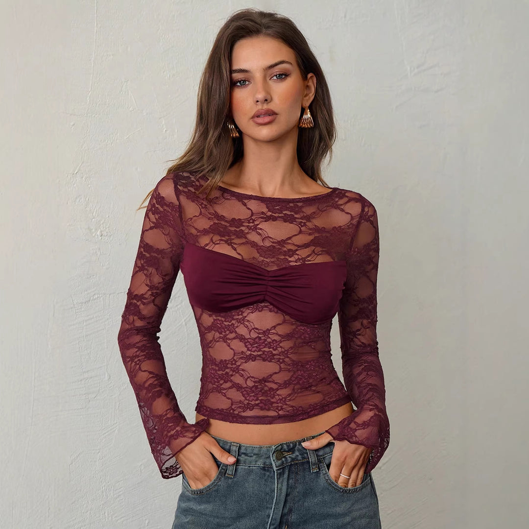 Ladies' fitted lace top with integrated bustier and gathered breast area Mune Fashion