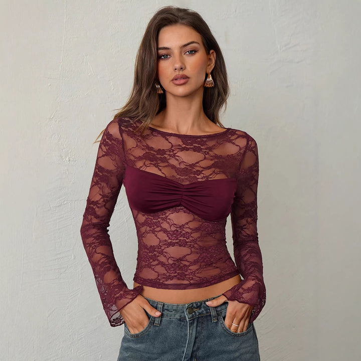 Ladies' fitted lace top with integrated bustier and gathered breast area Mune Fashion