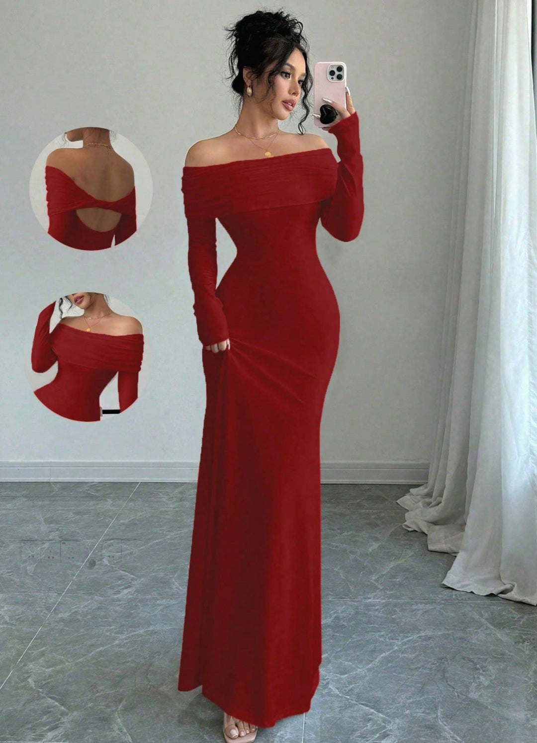 Ladies Elegant and form-fitting Off-Shoulder Maxi Dress with long sleeves Mune Fashion
