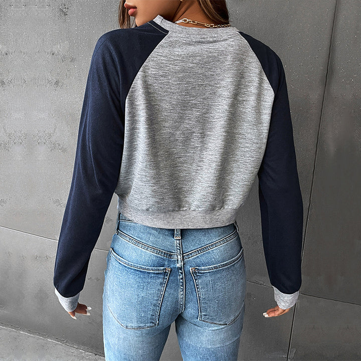 Women's Cropped Raglan Sweatshirt with Mountain Motif, Gathered Hem and Contrast Sleeves Mune Fashion