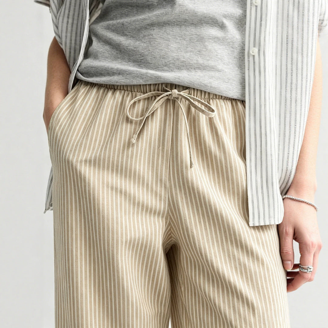 Women's Wide Linen Look Lounge Pants with Elastic Waistband and Drawstring Mune Fashion