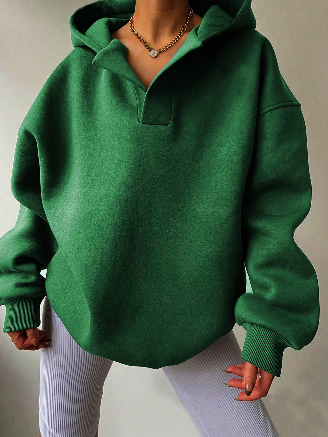 Women Oversize Hoodie with V-Opening, Drop Shoulder Seam and Ribbed Cuffs Mune Fashion