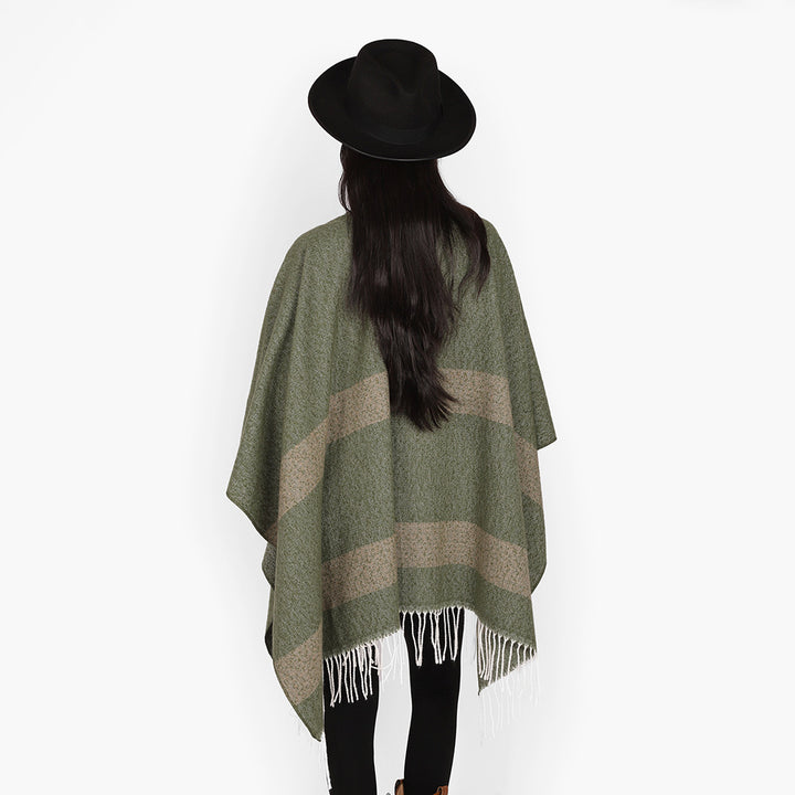 Women wool blend cape poncho with tie loops, soft woven oversized cover-up and fringe hem Mune Fashion