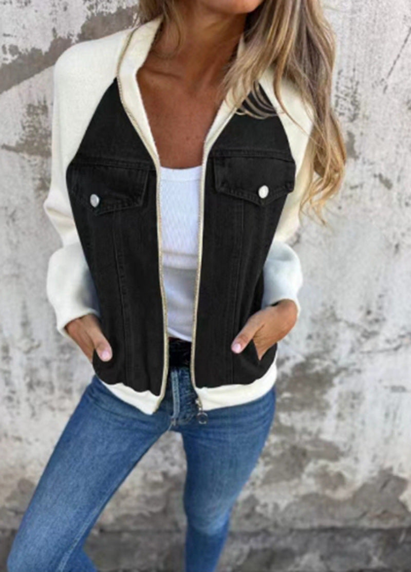 Women's Sweat-Jeans-Bomber Jacket with Raglan Sleeves, Breast Pockets, and Zipper Mune Fashion