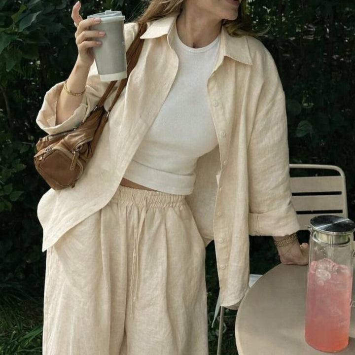 Women's airy linen lounge set with oversized shirt and wide waistband pants with elastic Mune Fashion