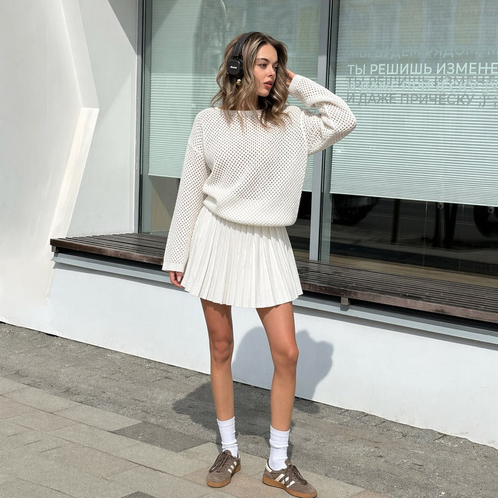 Women's oversized net knit sweater with pleated mini skirt set Mune Fashion