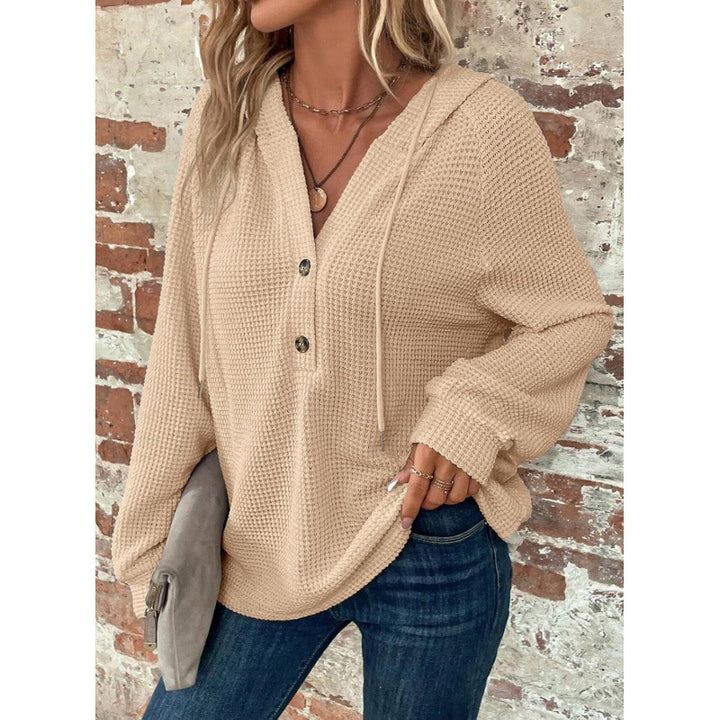 Women Waffle Knit Hoodie with Henley Button Placket and Oversized Cut Mune Fashion